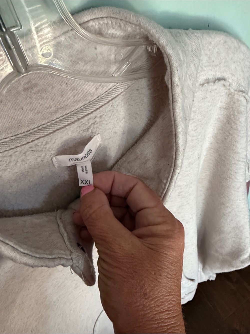Maurices Oatmeal Colorblock Henley Hoodie with Rose and Olive Sleeves - Picture 2 of 4